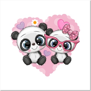 Two cute pandas on a heart background. Posters and Art